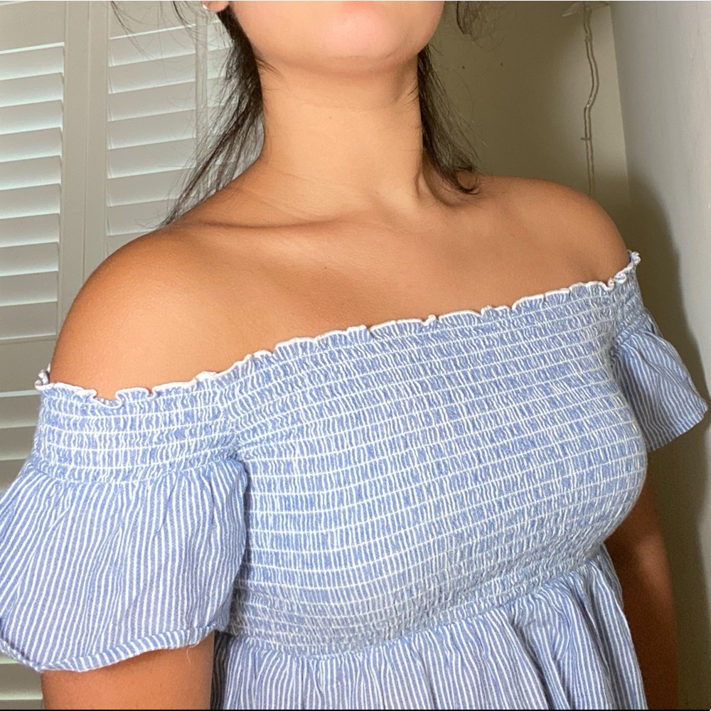 White & blue striped off the shoulders top!